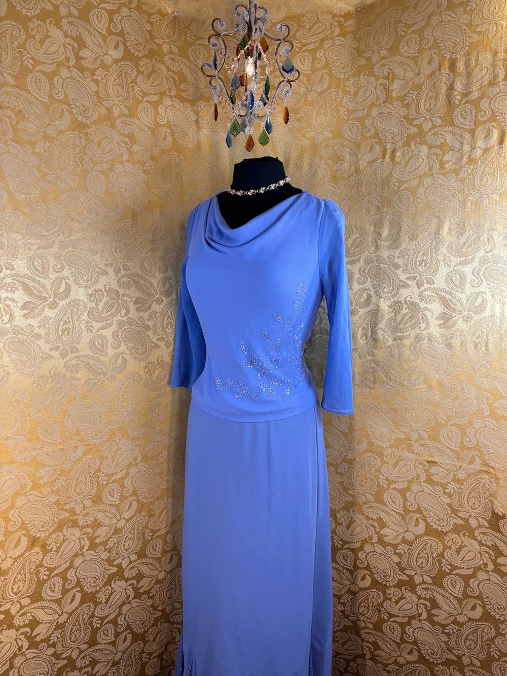 ✨Vintage 90s Periwinkle Beaded Bundle Cowl Neck Blouse & Ruffle Skirt✨